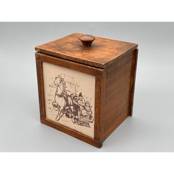 Vintage Wood Canister Set With Illustrated Panels Lift Lids Storage Containers - Picture 5 of 12